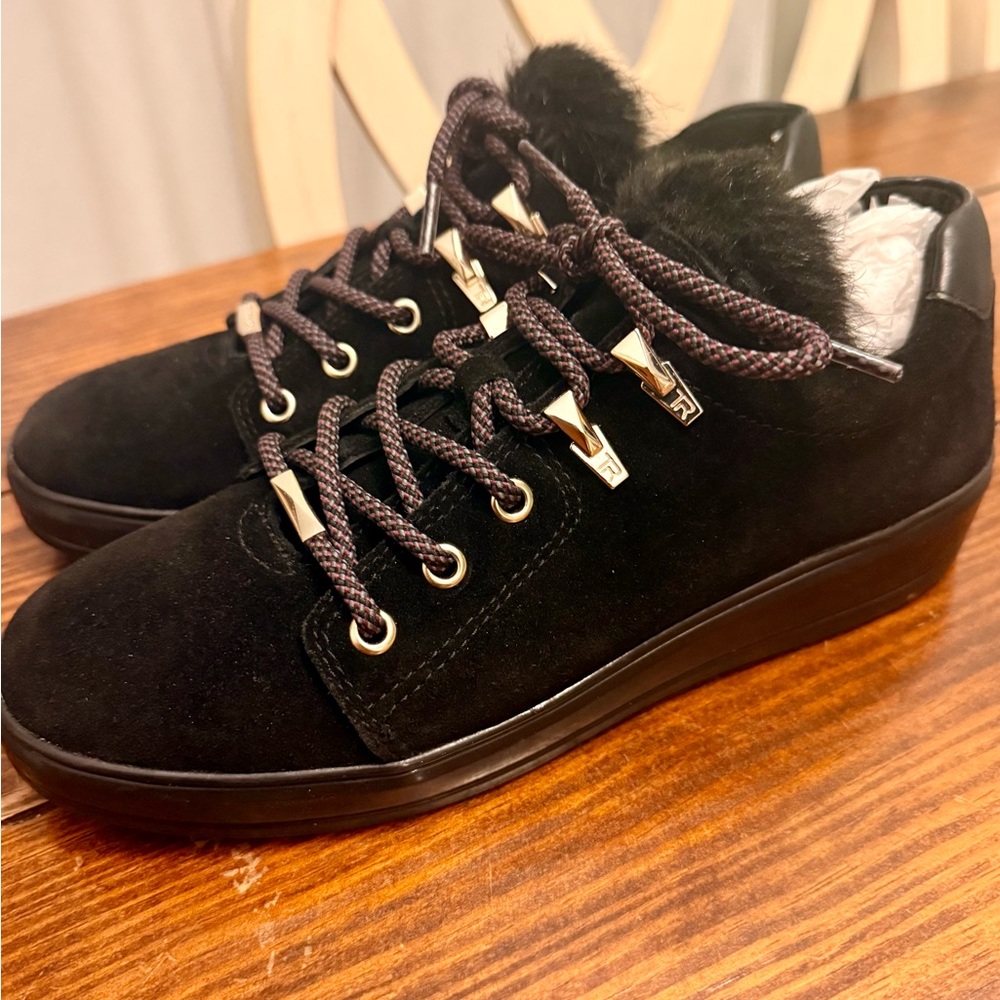 Black Women's Shoes with Fur Detail; Taryn Rose Low-Top Weatherproof Suede